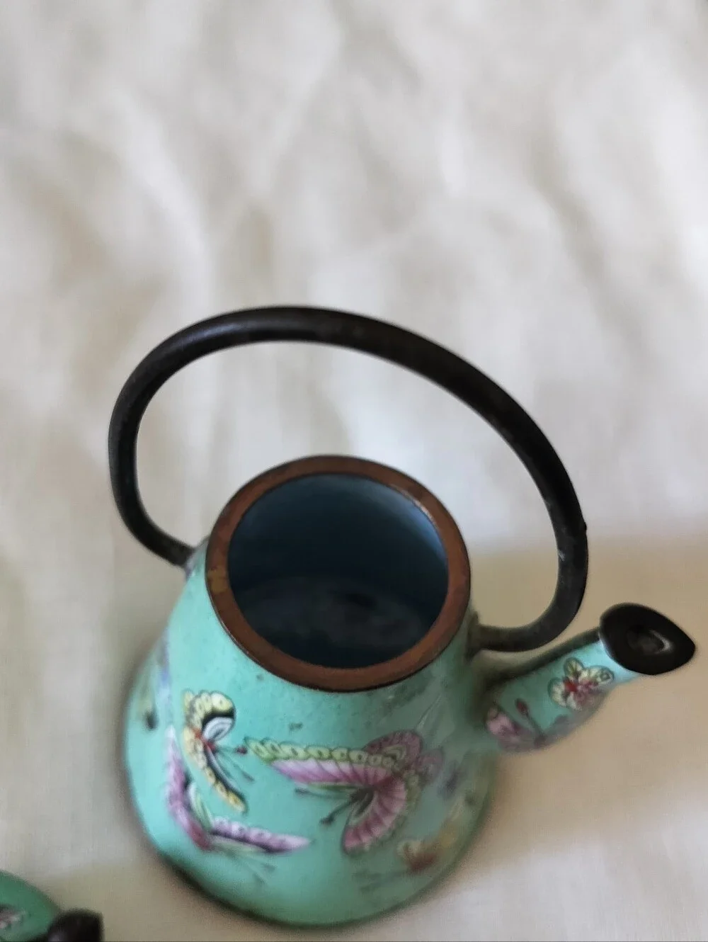 Vintage Empress Arts Enameled Metal Green Butterflies Mini Teapot